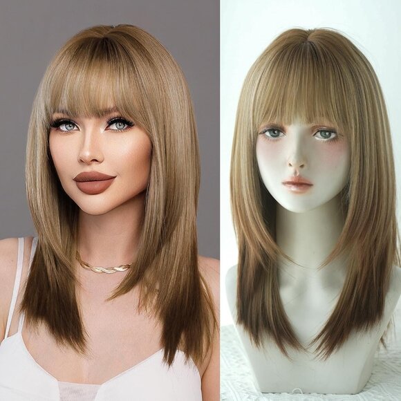 20In Long Straight Layered Cut Wig with Bangs Brown Hair Tail Dye Wig With Brown